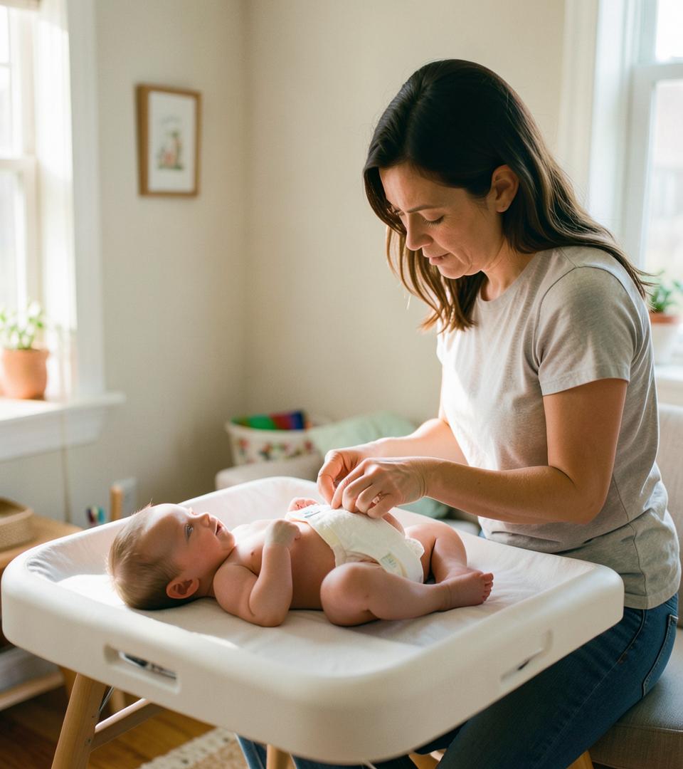A parent changing a baby
